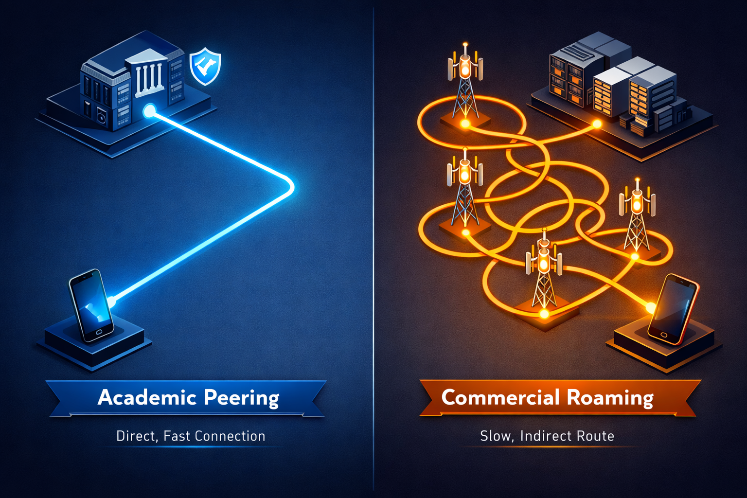 Technical diagram comparing high-speed unthrottled academic peering vs high-latency commercial roaming architecture
